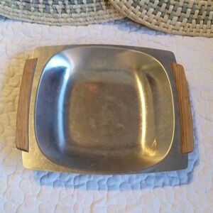Vintage Selandia Denmark Stainless Steel and Wood Handles Square Bowl Dish Trink